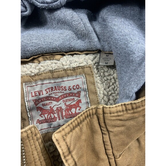Levis Jacket Mens M Brown Sherpa Lined Canvas Chore Coat Barn Field Hooded - Picture 2 of 8
